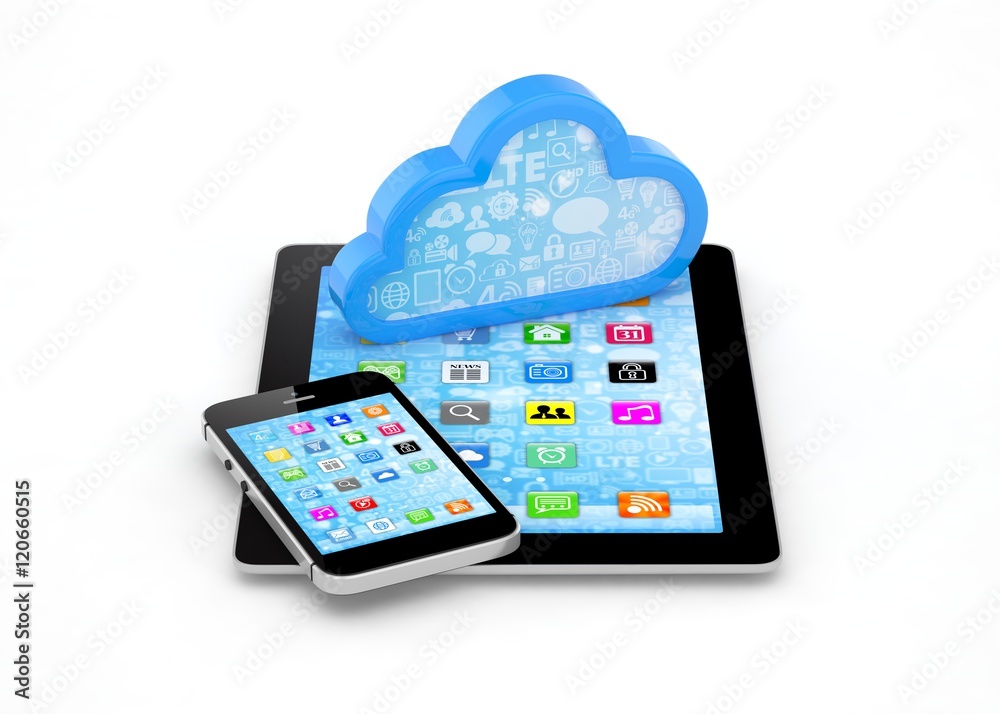 tablet pc, smart phone and cloud. 3d rendering. tablet pc, smart phone and cloud. 3d rendering.