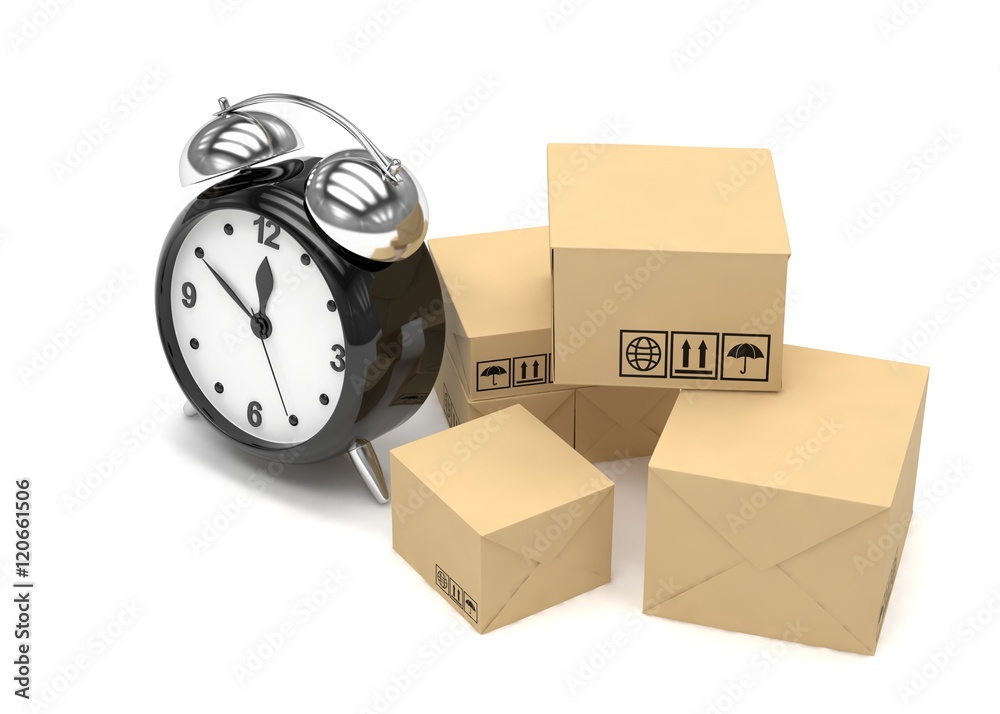 Fototapeta premium Package and alarm clock, delivery concept. 3d rendering.