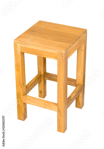 square wooden chair without a backrest, isolated on white background.