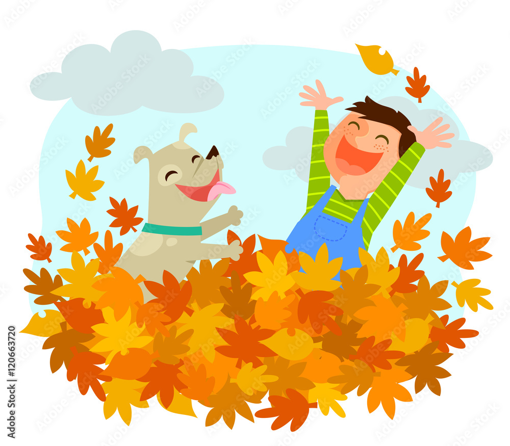 Fototapeta premium Boy and his dog playing in a pile of autumn leaves