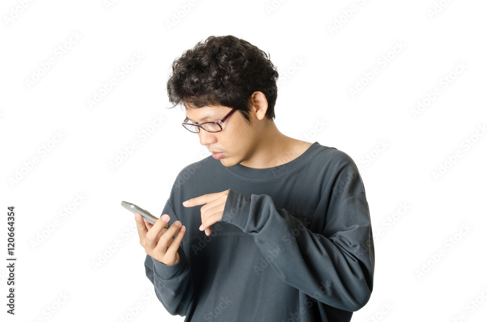 The man is chat on smart phone,isolated on white background The man is chat on smart phone,isolated on white background