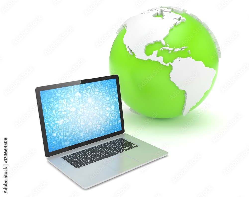 Laptop network and earth globe. 3d render Laptop network and earth globe. 3d render