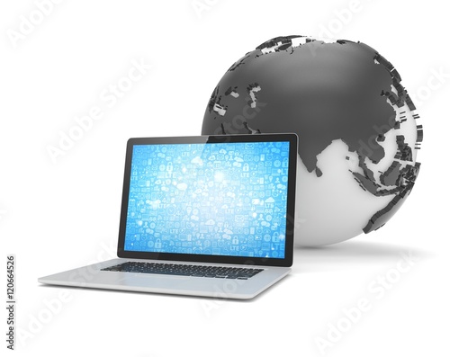 Laptop network and earth globe. 3d render