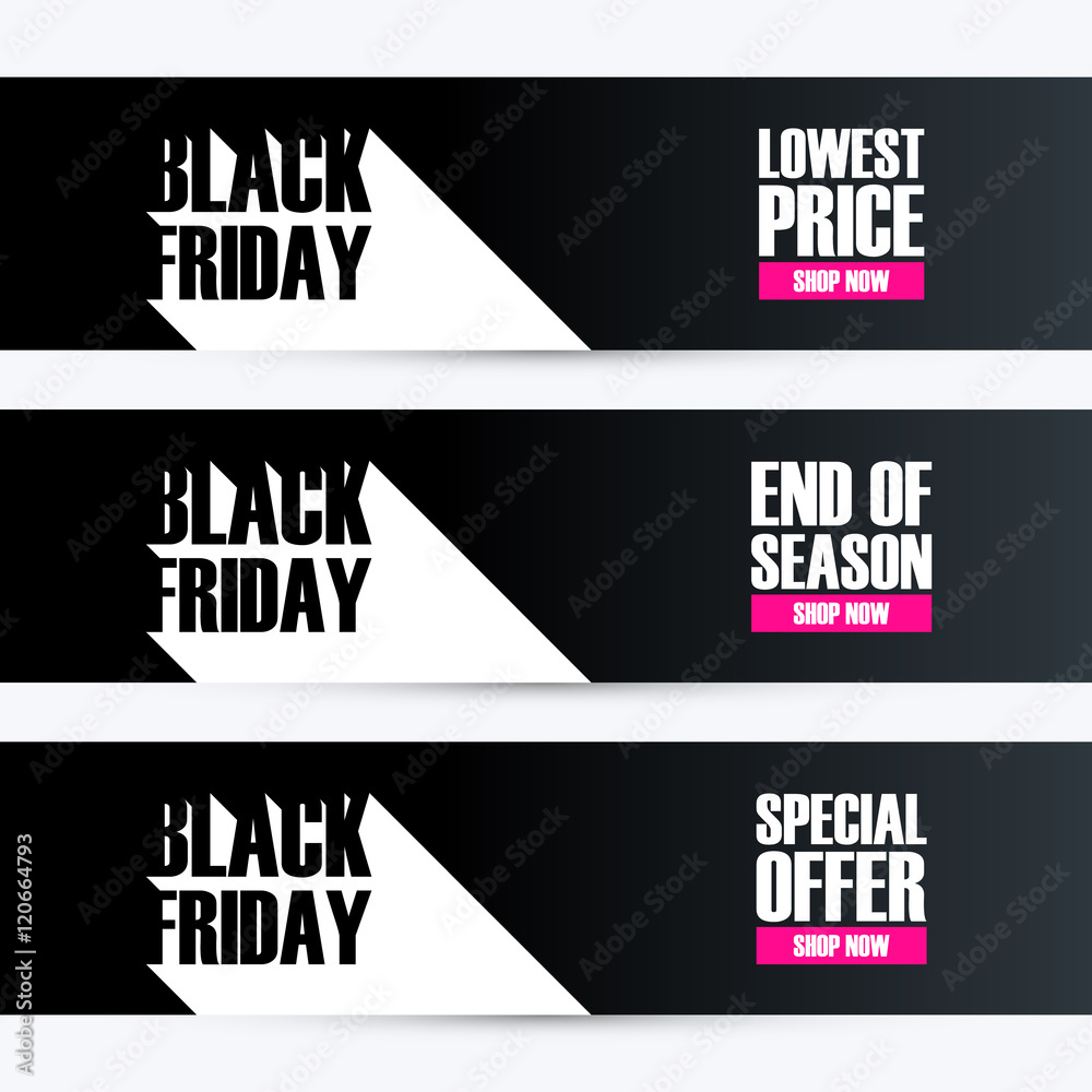 Set of Black Friday banners with long shadow for business, promotion and advertising. Lowest price, end of season, special offer. Vector illustration.