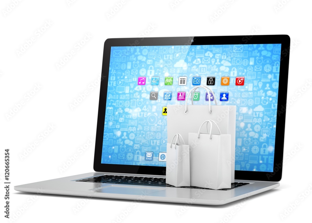 laptop and shopping pags on white background. 3d rendering. laptop and shopping pags on white background. 3d rendering.