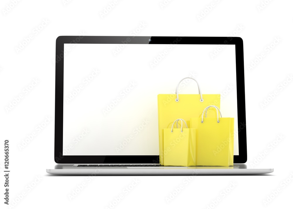 laptop and shopping pags on white background. 3d rendering. laptop and shopping pags on white background. 3d rendering.
