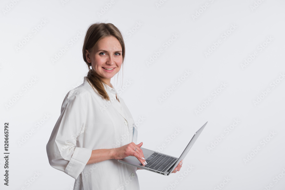 medical doctor woman smile hold tablet pc, using computer. nurse Isolated over white background medical doctor woman smile hold tablet pc, using computer. nurse Isolated over white background