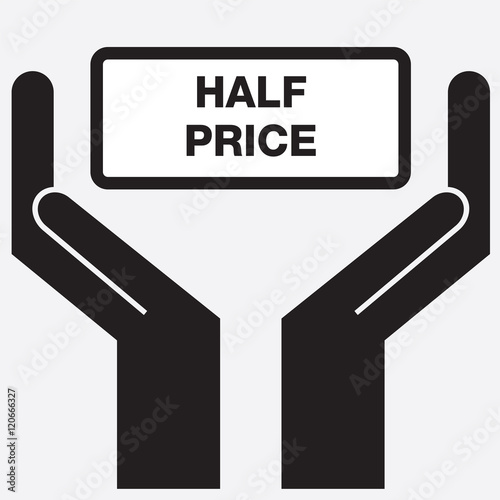 Hand showing half price sign icon. Vector illustration.