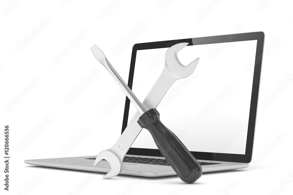 3D Illustration Wrench and screwdriver on laptop, service concept 3D Illustration Wrench and screwdriver on laptop, service concept