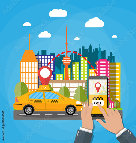 Urban cityscape with cab  phone taxi service app