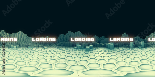 360 VR Loading Screen with Glowing Text and graphic Hexagonal Landscape resembling virtual  mountains in the distance - 3D Illustration