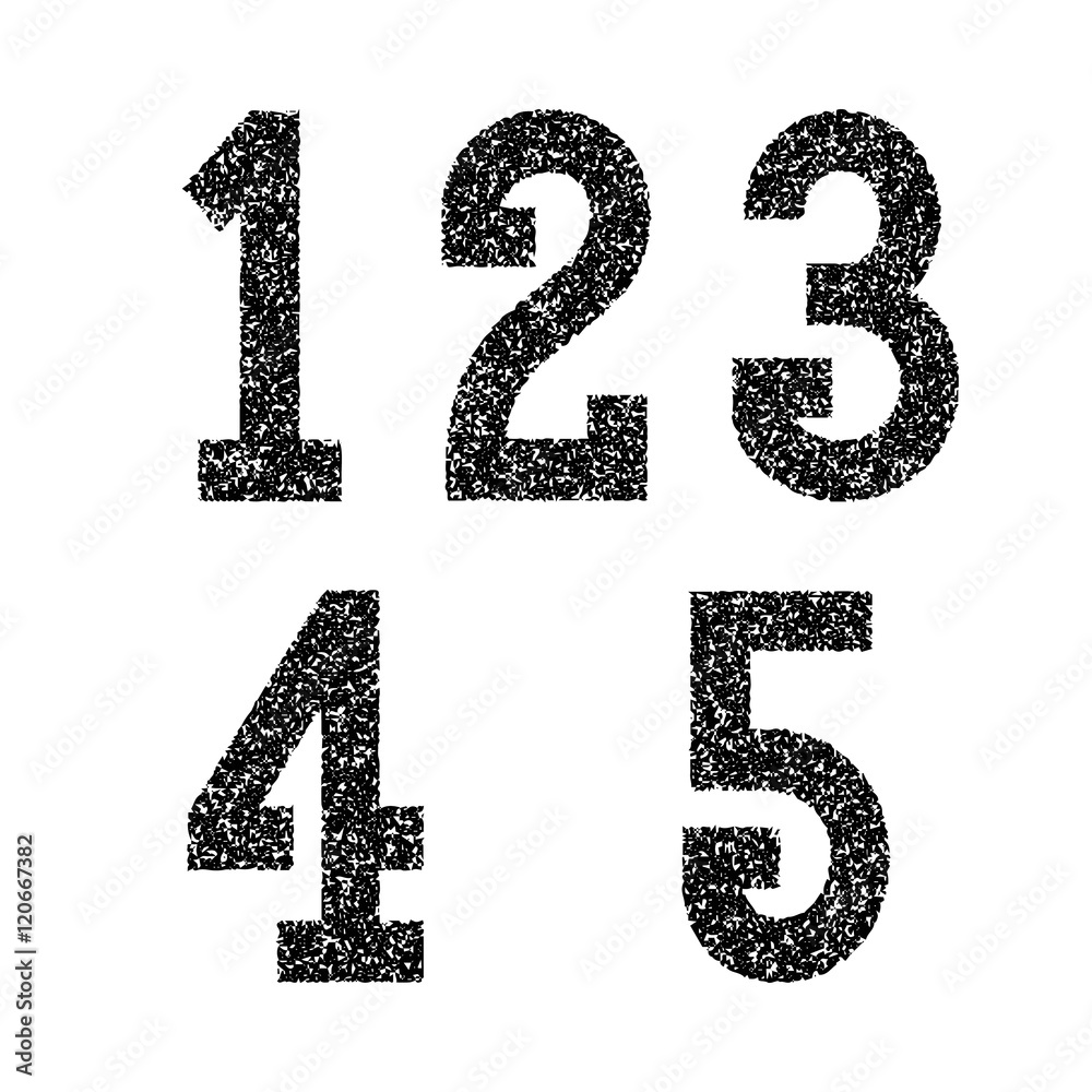 One, two, three, four, five black stencil spray paint numbers. Font in grunge style.