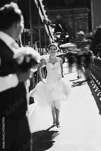 Happy newlyweds on the street