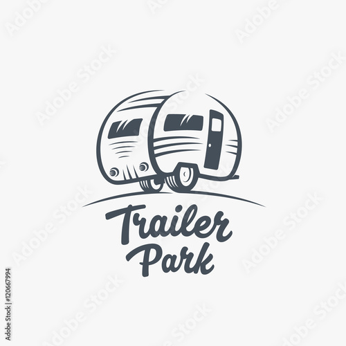Trailer or Van Park Vector Logo Template. Silhouette Tourism Icon. Label with Retro Typography.