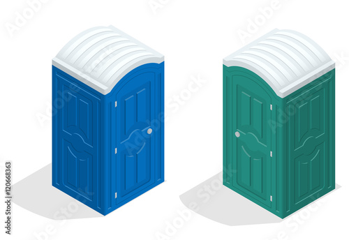 Isometric bio toilet cabin. Blue and green. Hiking services. Flat color style vector icon