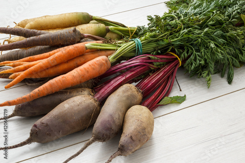 Bunch of organic heirloom carrot varieties of purple, orange and white carrots and beetroots