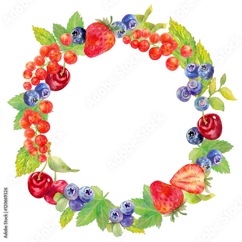 Hand drawn watercolor illustration of berries in a wreath