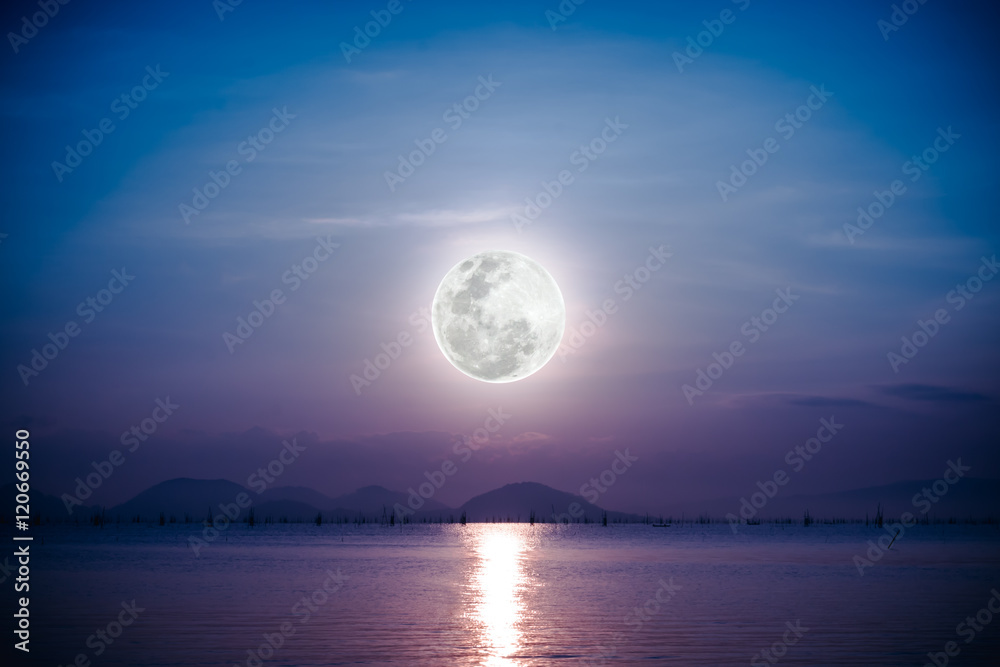 Romantic scenic with full moon on sea to night. Reflection of moon Romantic scenic with full moon on sea to night. Reflection of moon