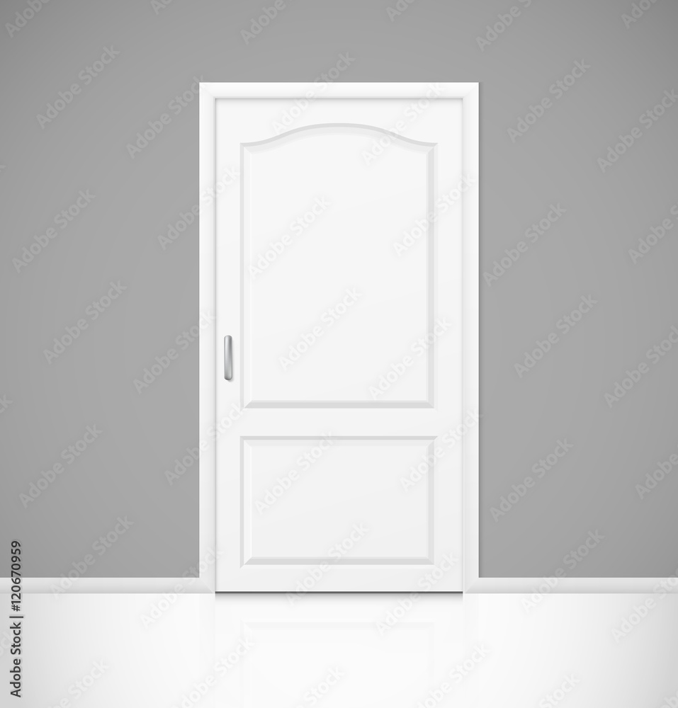 White realistic closed door in empty room interior White realistic closed door in empty room interior