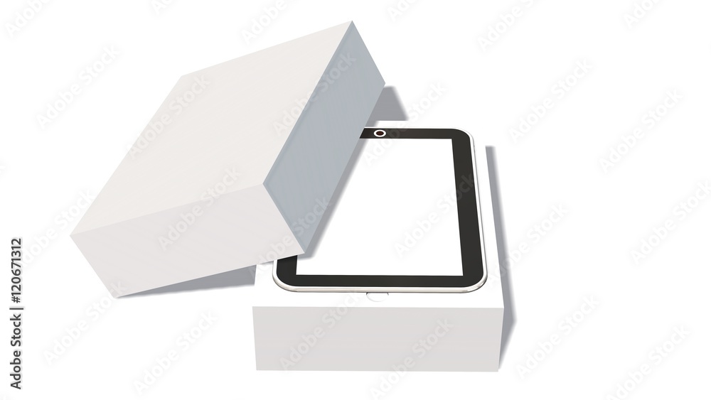 Modern digital tablet pc in the packaging - unboxing - 3D rendering Modern digital tablet pc in the packaging - unboxing - 3D rendering