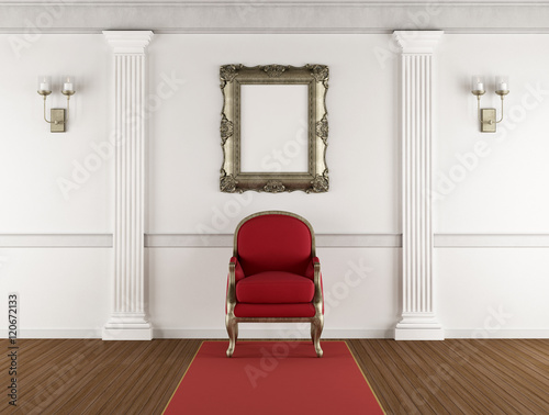 Φωτογραφία White classic interior with red armchair