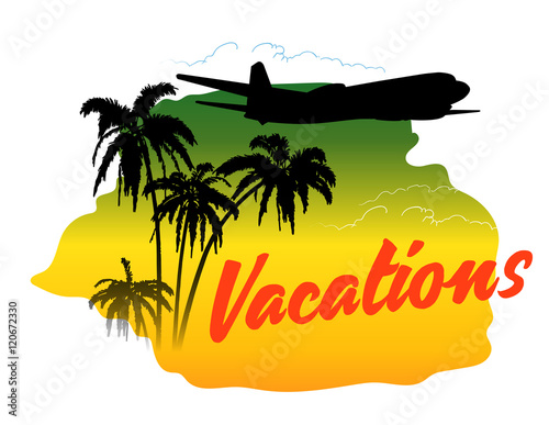 Vector design template with flying plane over tropical landscape photo