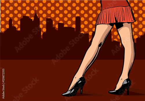 Vector design template, halftome dots background and pretty sexy woman's legs