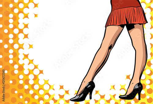 Vector design template, halftome dots background and pretty sexy woman's legs