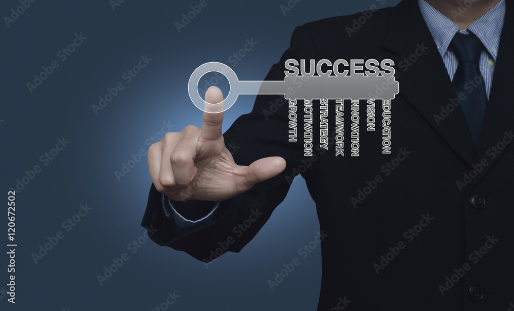 Businessman pressing key with business words over blue backgroun Businessman pressing key with business words over blue backgroun