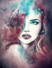 Fotobehang Aquarel portret Stijlvolle dame abstract aquarel kunstwerk  © Anna Ismagilova