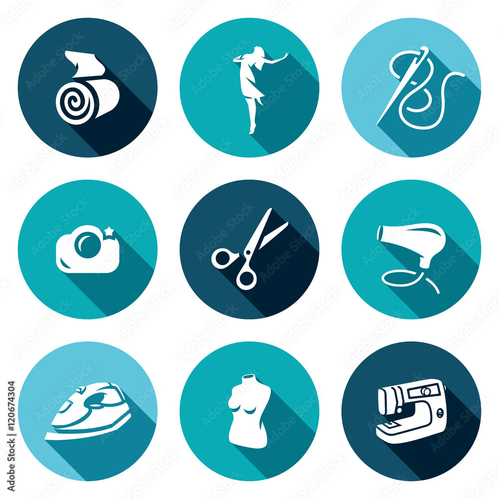 Vector Set of Sewing Studio Icons. Matter, Model, Needle and Thread, Camera, Scissors, Hair Dryer, Iron, Mannequin, Equipment. Vector Set of Sewing Studio Icons. Matter, Model, Needle and Thread, Camera, Scissors, Hair Dryer, Iron, Mannequin, Equipment.