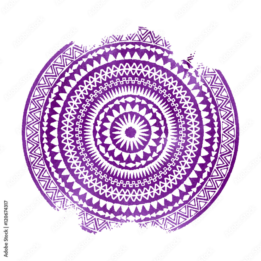 Mandala. Abstract round purple watercolor vector ornament. Tribal grunge texture