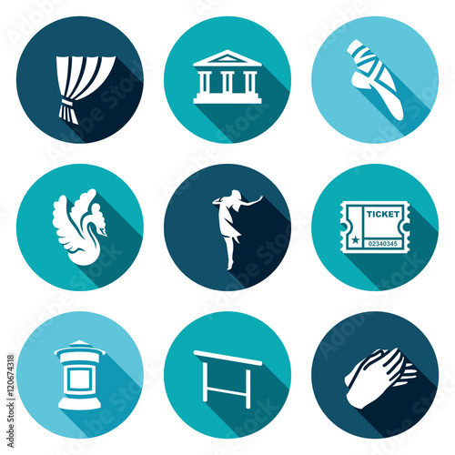 Vector Set of Ballet Icons. Curtain, Theater, Pointe, Swan, Ballerina, Ticket, Poster, Barre, Applause
