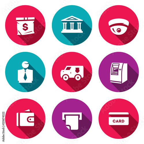 Vector Set of Banking services Icons. Money Bag, Bank Building, CCTV, Banker, Collector Car, ATM, Wallet, Check, Card.