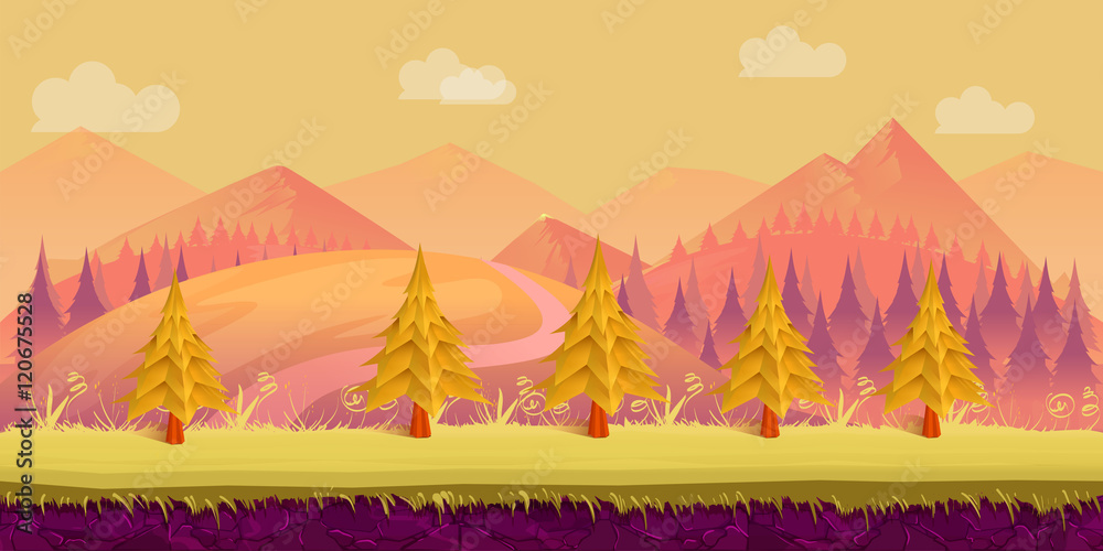 Seamless cartoon nature landscape. Layered ground, grass, trees, mountains, clouds and sky Seamless cartoon nature landscape. Layered ground, grass, trees, mountains, clouds and sky