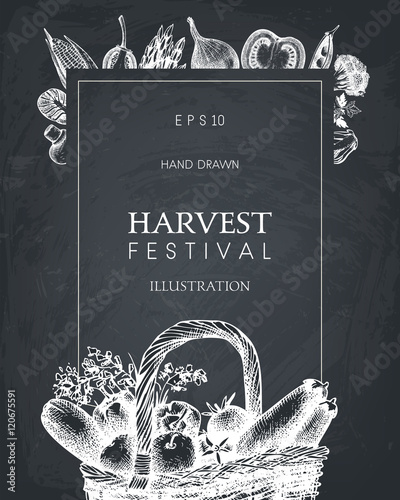 Vintage Harvest Festival Poster. Vector card or invitation design with hand drawn autumn illustration collection. Vegetables sketch set for fall holiday decoration on chalkboard
