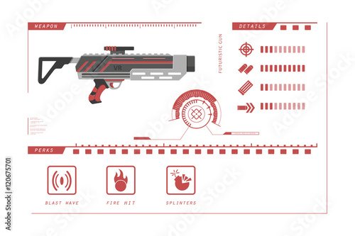 Details of gun: grenade. Game perks. Virtual reality weapon