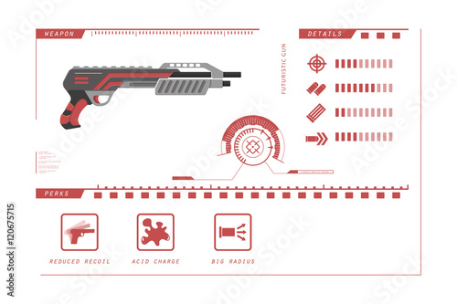 Details of gun: shotgun. Game perks. Virtual reality weapon