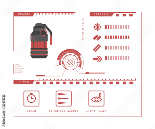 Details of gun: grenade. Game perks. Virtual reality weapon