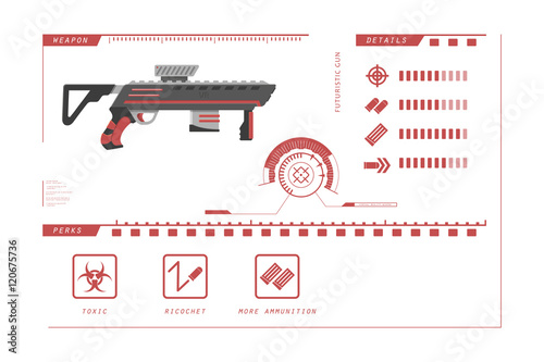 Details of gun: rifle. Game perks. Virtual reality weapon