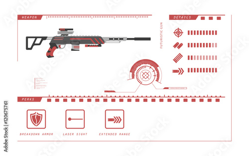 Details of gun: sniper rifle. Game perks. Virtual reality weapon