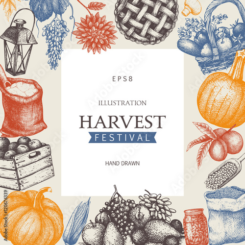 Vintage design with hand drawn harvest sketch. Vector frame with autumn illustration. Traditional Harvest festival decoration. Retro template.