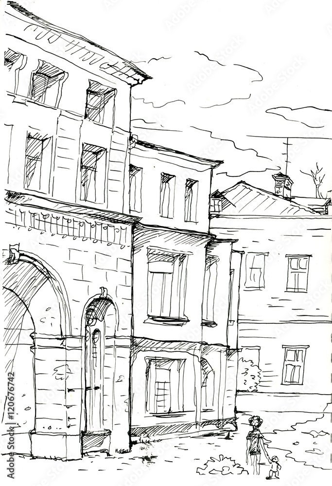 urban sketch, town houses, ink