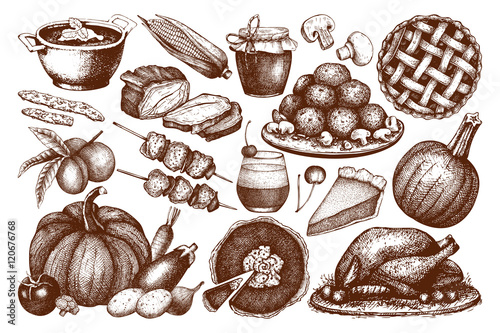 Vector collection of menu elements for Thanksgiving day decoration. Vintage set of hand drawn traditional food sketch for autumn holiday. Harvest illustration outlines.