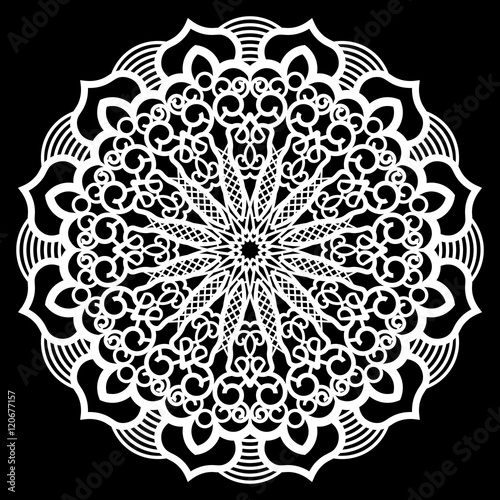 Lace round paper doily, lacy snowflake, greeting element, template for cutting plotter, round pattern, laser cut template, doily to decorate the cake, vector illustrations.