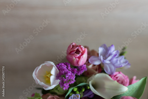 bouquet of pink flowers on a light background Rustic green