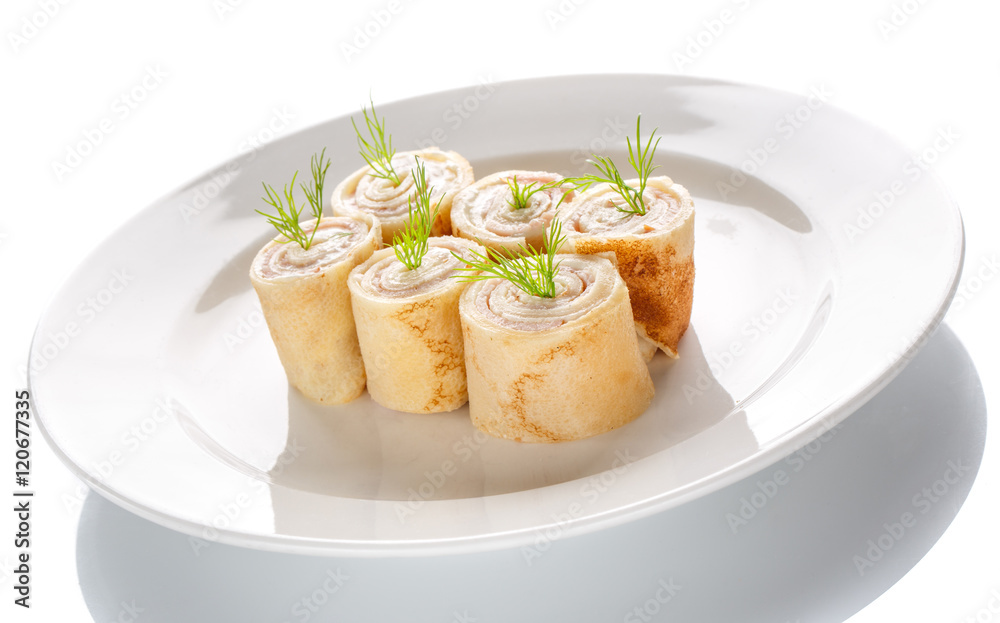 Pancakes with meat - a hearty lunch and dinne isolated on white