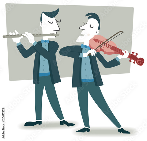 Duet, flute and violin. Retro style illustration of two musicians playing the violin and flute.