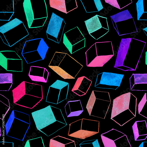Original hand drawn cubes abstract background, seamless pattern