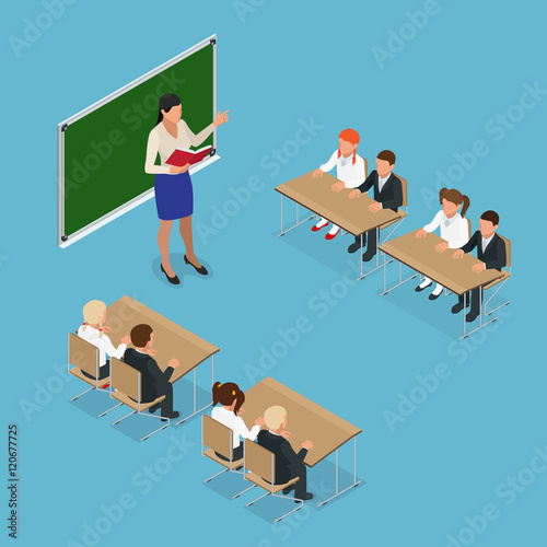 sometric School lesson. Little students and teacher. Isometric Classroom with green chalkboard, teachers desk, pupils tables and chairs. Flat 3d cartoon illustration.